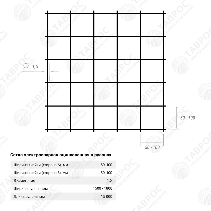 Сетка электросварная оцинкованная в рулонах (100х50 мм) 1,8х15 м / D=1,6 мм