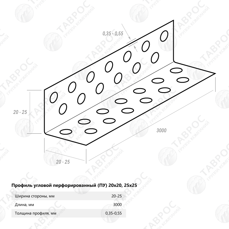 Профиль угловой перфорированный (ПУ) Zn 0,35 3000 20 20 0,35