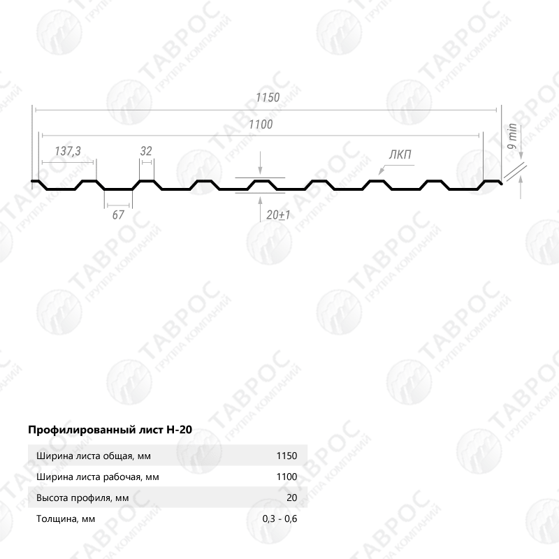 Профнастил Н-20 Zn 2500*1150*0,3 односторонний