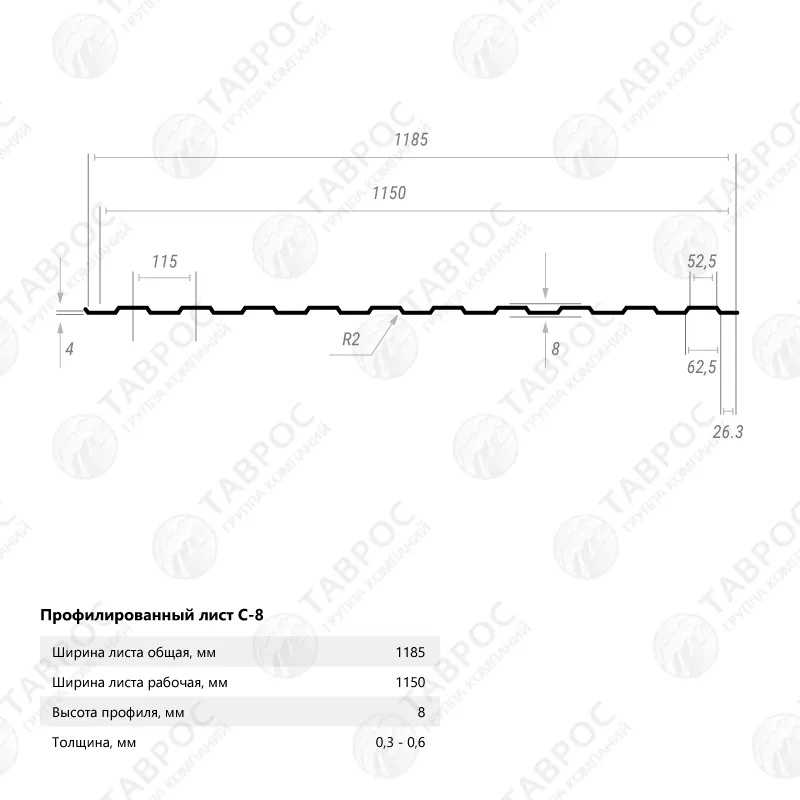 Профнастил С-8 Гладкий полиэстер RAL 7004 (Серый) 3000*1185*0,5 односторонний